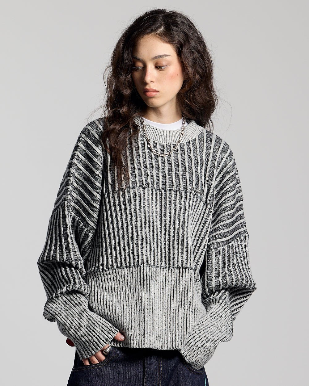 HYPERLINES KNIT BLACK & GREY - black and grey ribbed knit sweater, front view on female model - Cold Culture #woman