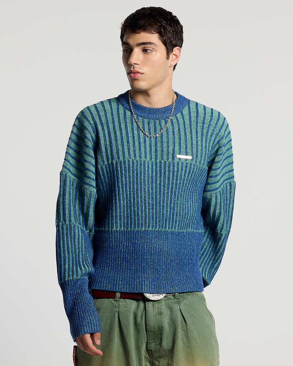 HYPERLINES KNIT BLUE & GREEN - blue and green ribbed knit sweater, front view on male model - Cold Culture #man