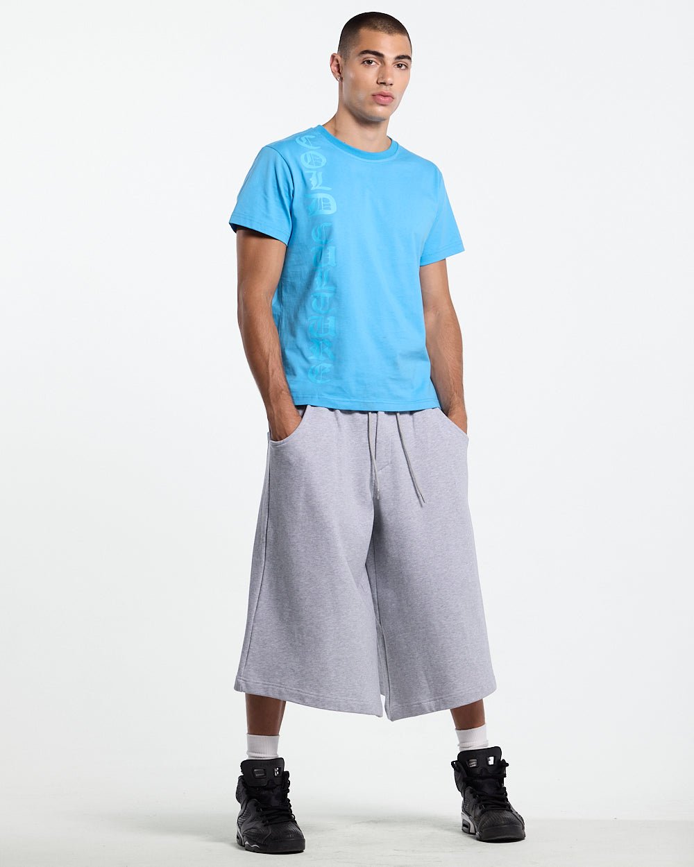 ICEY TEE BLUE - light blue graphic tee, front view on male model - Cold Culture #man