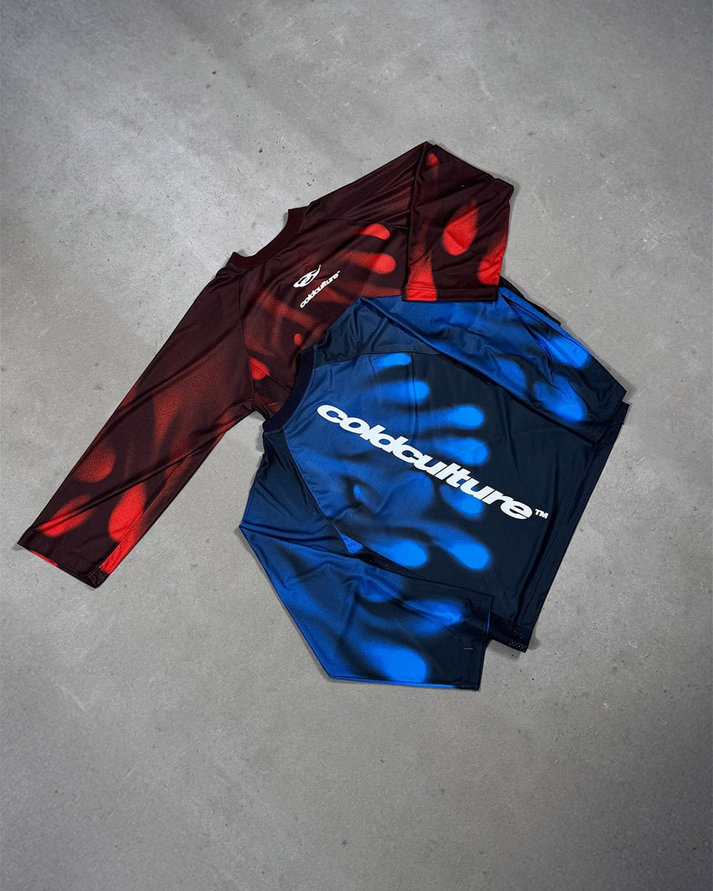 IGNITE LONGSLEEVE BLUE - blue printed longsleeve tee, flat lay with matching pieces - Cold Culture
