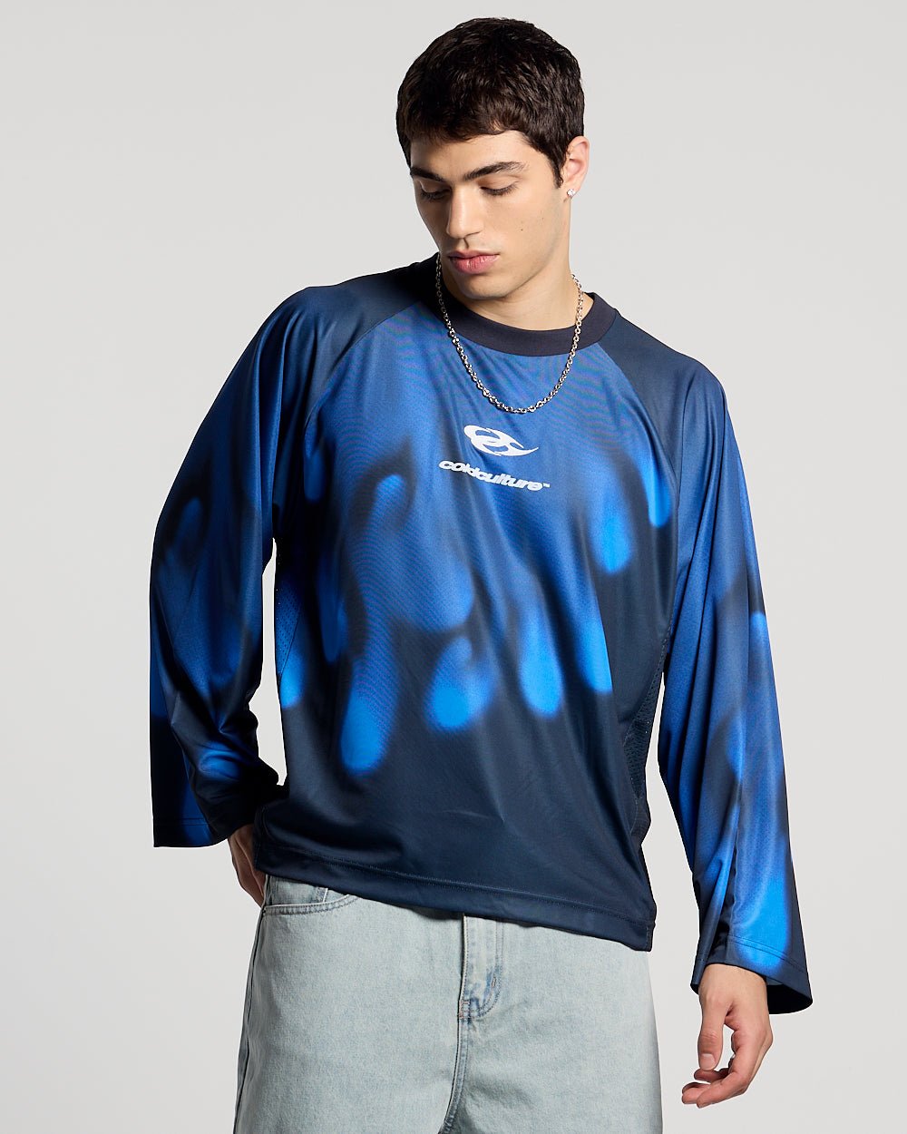 IGNITE LONGSLEEVE BLUE - blue printed longsleeve tee, front view on male model - Cold Culture #man