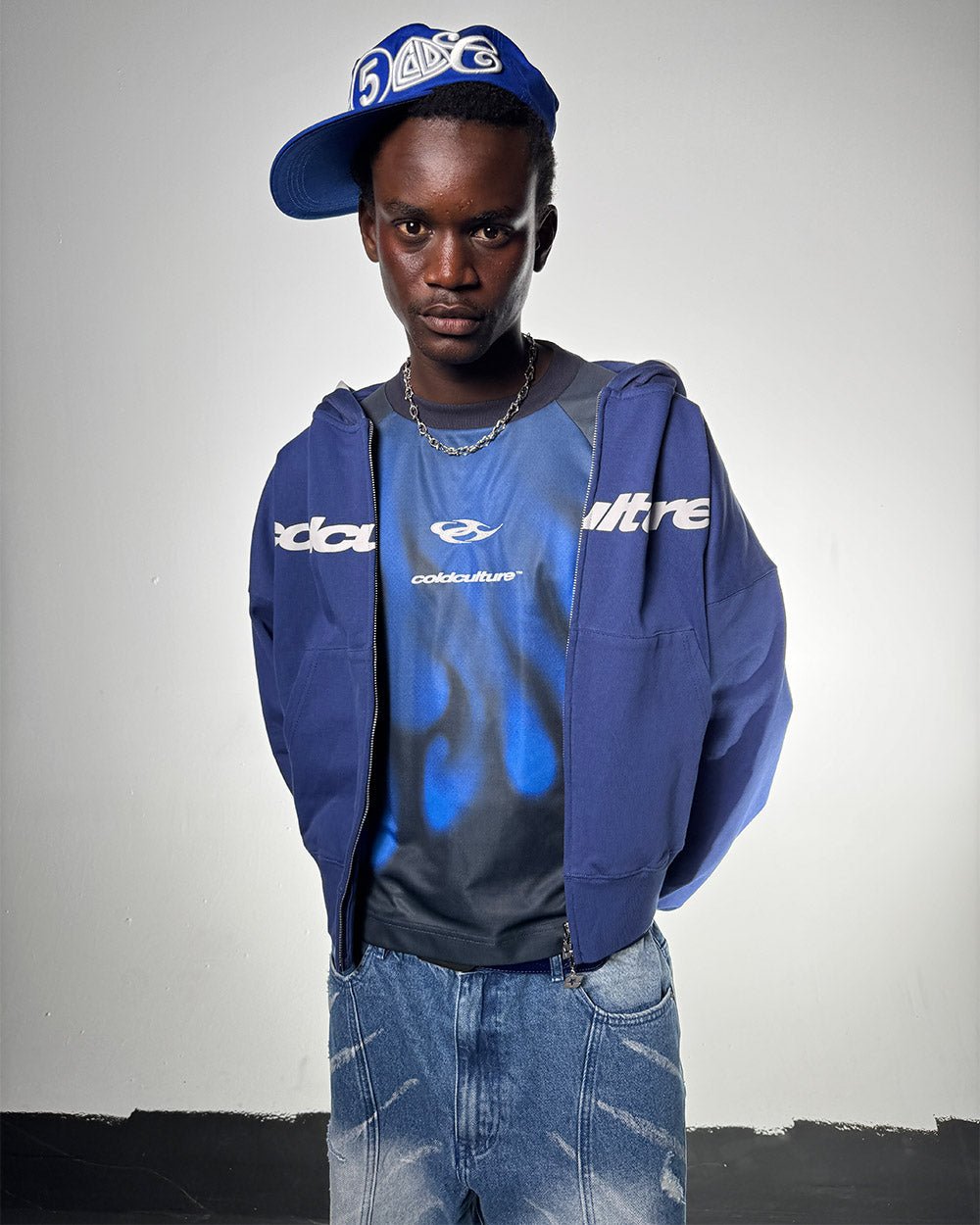 IGNITE LONGSLEEVE BLUE - blue printed longsleeve tee, front view on male model - Cold Culture #man
