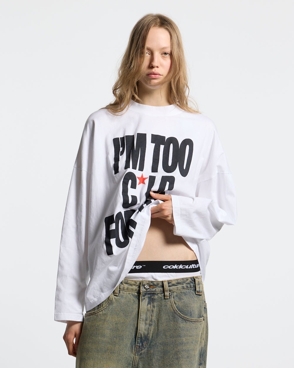 IM TOO COLD LONGSLEEVE TEE WHITE - white slogan print longsleeve tee, front view on female model - Cold Culture #woman