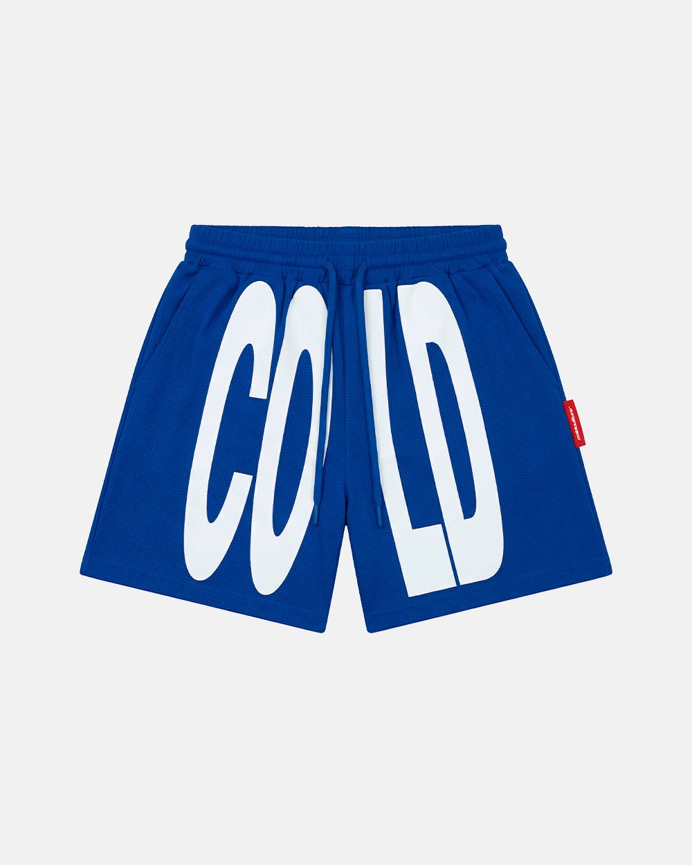 IMPACT SWIMWEAR BLUE - blue printed swim shorts, front view - Cold Culture #packshot