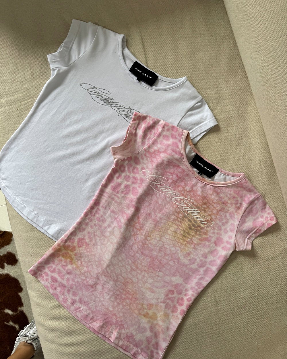 JAGUAR BABY TEE PINK - pink animal print baby tee, flat lay with matching pieces - Cold Culture
