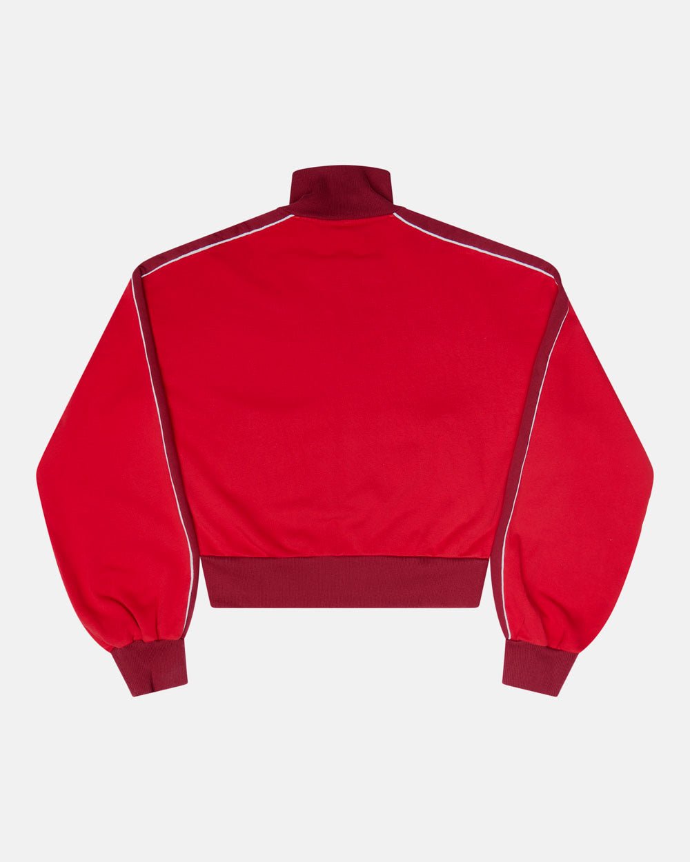 JET LAG JACKET RED - red and burgundy zip-up hoodie, back view - Cold Culture #packshot