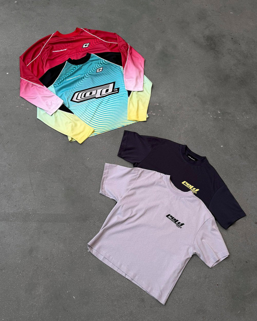 JET SKI TEE LIGHT GREY - light grey graphic print tee, flat lay with matching pieces - Cold Culture