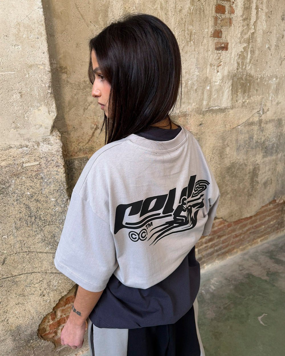 JET SKI TEE LIGHT GREY - light grey graphic print tee, street style shot - Cold Culture #woman