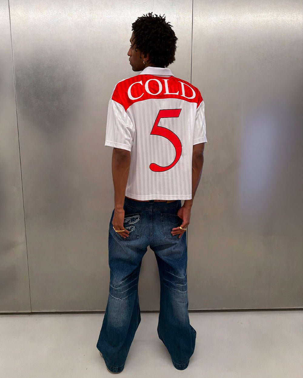 JR FOLKS POLO WHITE - white and red football polo, street style shot - Cold Culture
