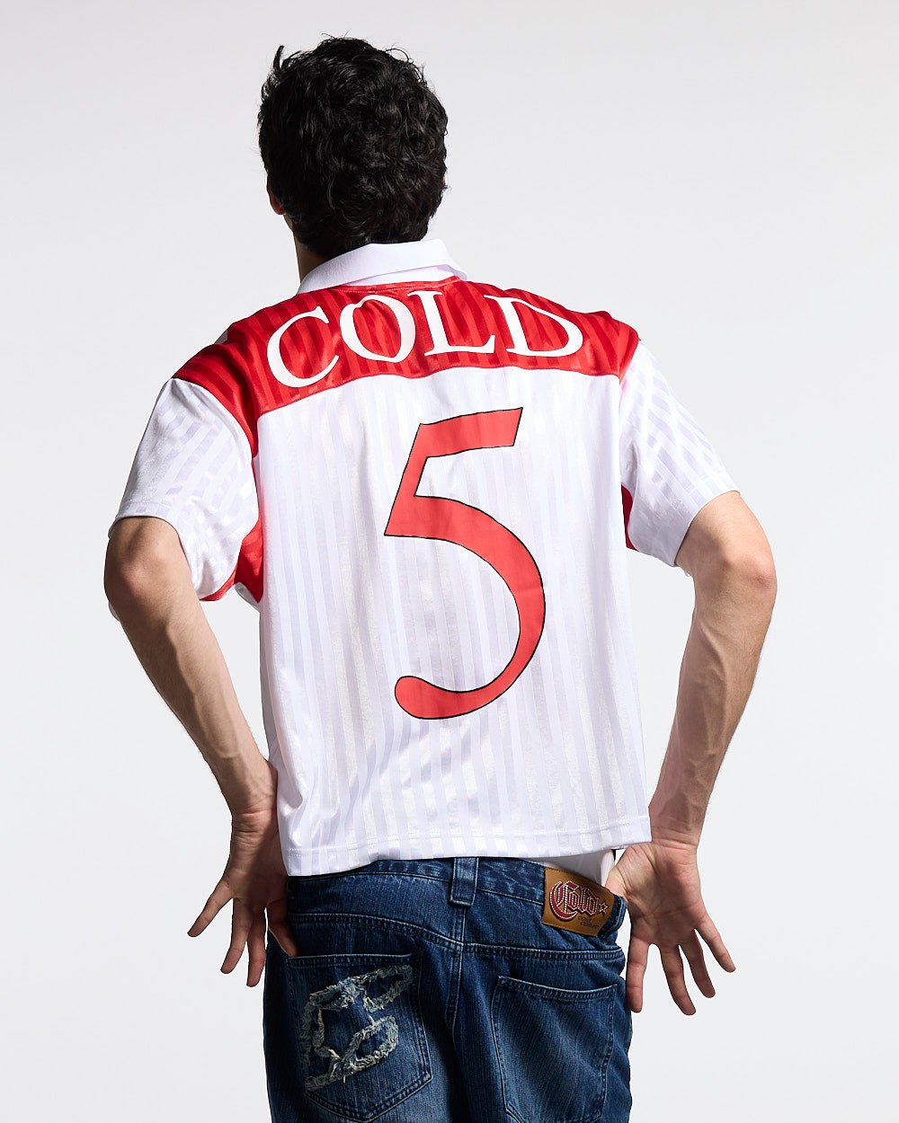 JR FOLKS POLO WHITE - white and red football polo, back view on male model - Cold Culture #man
