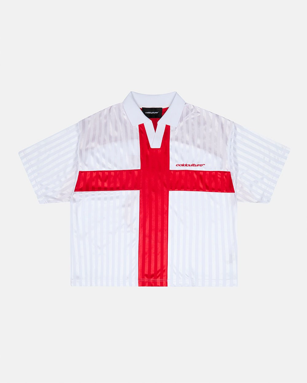 JR FOLKS POLO WHITE - white and red football polo, front view - Cold Culture #packshot