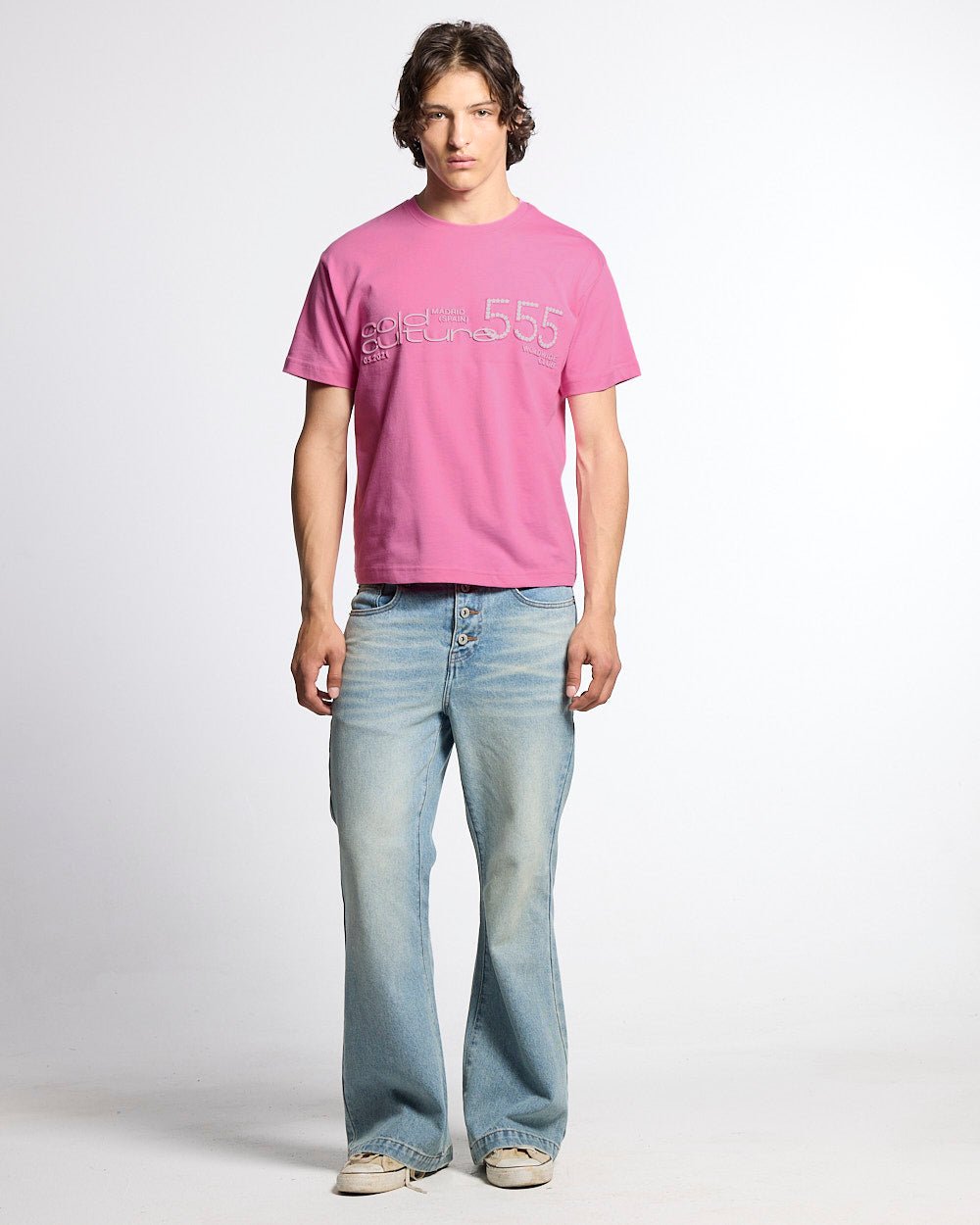 JUICY TEE PINK - pink graphic print tee, front view on male model - Cold Culture #man