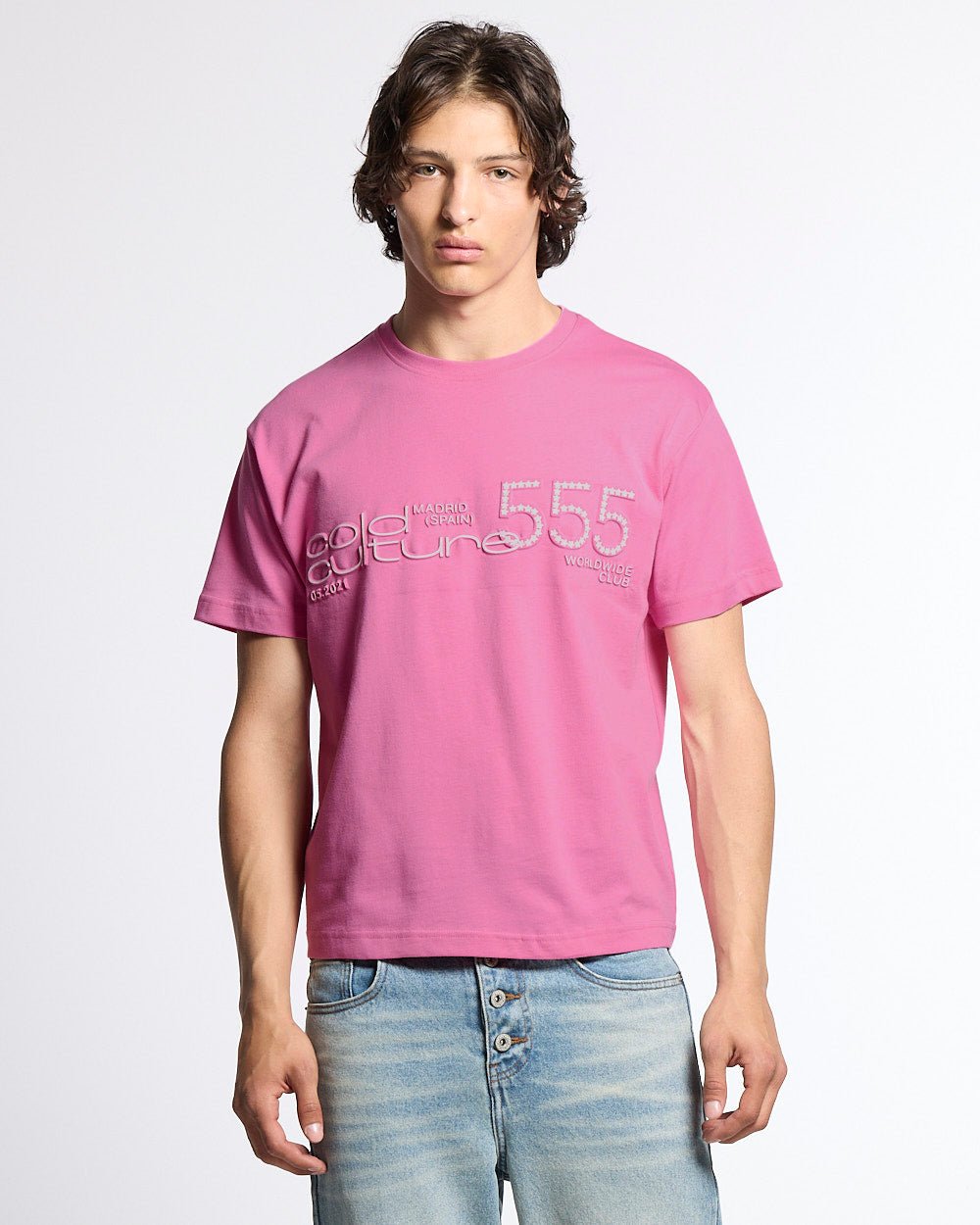 JUICY TEE PINK - pink graphic print tee, front view on male model - Cold Culture #man
