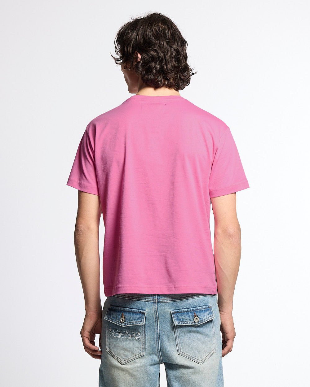 JUICY TEE PINK - pink graphic print tee, back view on male model - Cold Culture #man