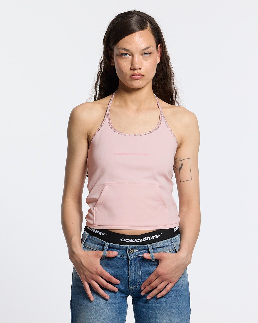 KANGAROO TANK TOP BABY PINK - baby pink halter tank top, front view on female model - Cold Culture #woman