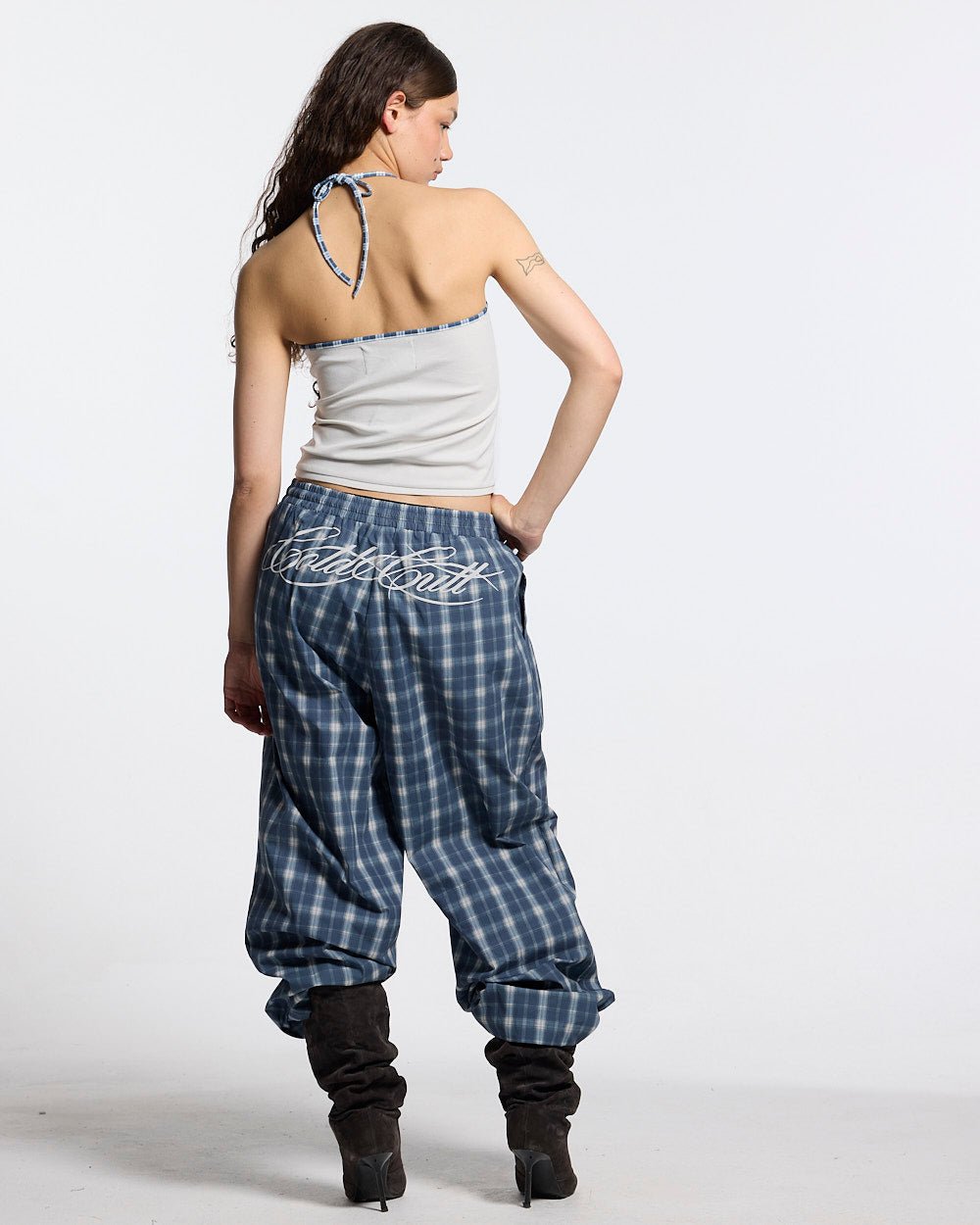 KANGAROO TANK TOP GREY - light grey halter tank top, back view on female model - Cold Culture #woman