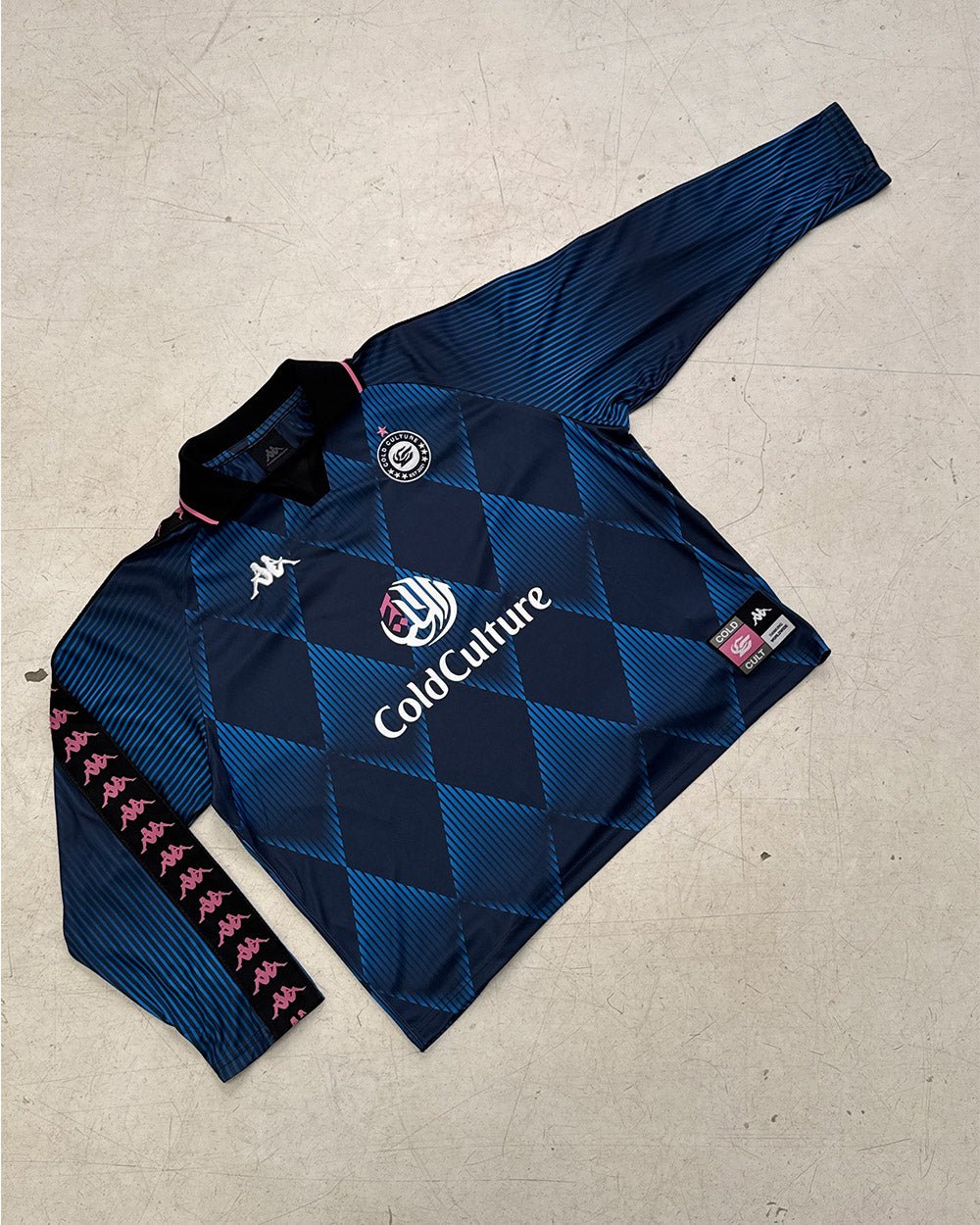 KAPPA X COLD CULTURE LONGSLEEVE BLUE - blue diamond print longsleeve tee, flat lay - Cold Culture