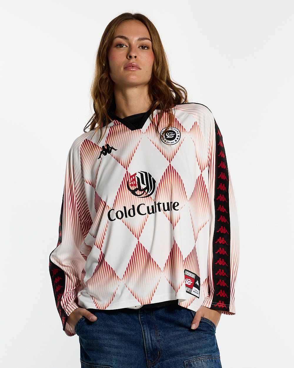 KAPPA X COLD CULTURE LONGSLEEVE RED - red diamond print longsleeve tee, front view on female model - Cold Culture #woman