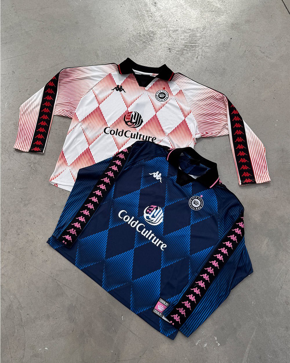 KAPPA X COLD CULTURE LONGSLEEVE RED - red diamond print longsleeve tee, flat lay with matching pieces - Cold Culture