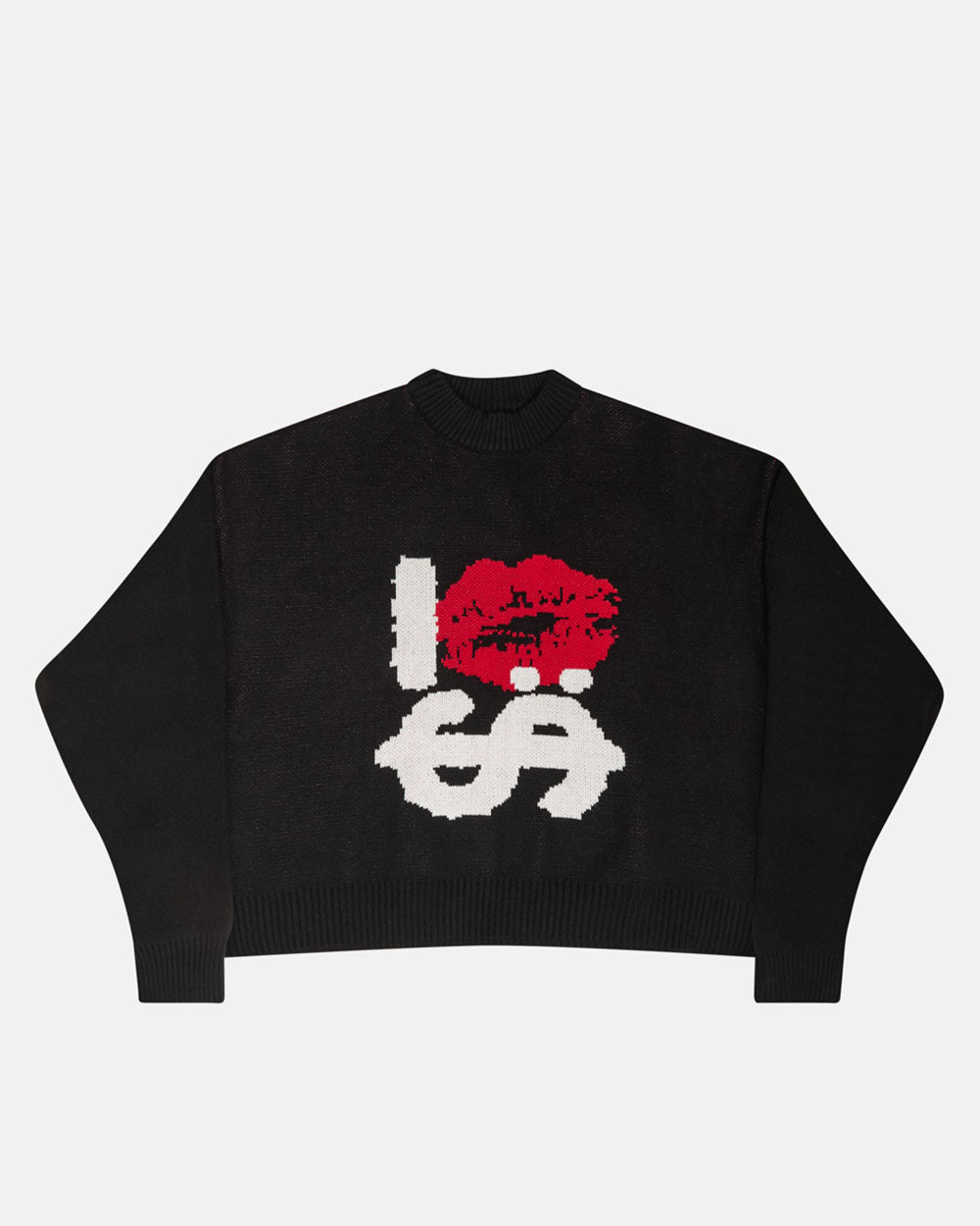 KISSES AND DOLLAR KNIT BLACK - black graphic print knit sweater, front view - Cold Culture #packshot