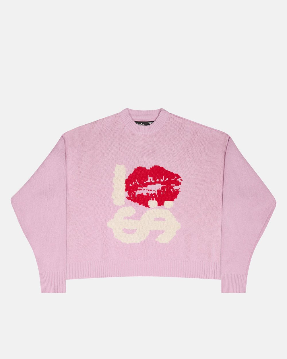 KISSES AND DOLLAR KNIT PINK - pink graphic print knit sweater, front view - Cold Culture #packshot