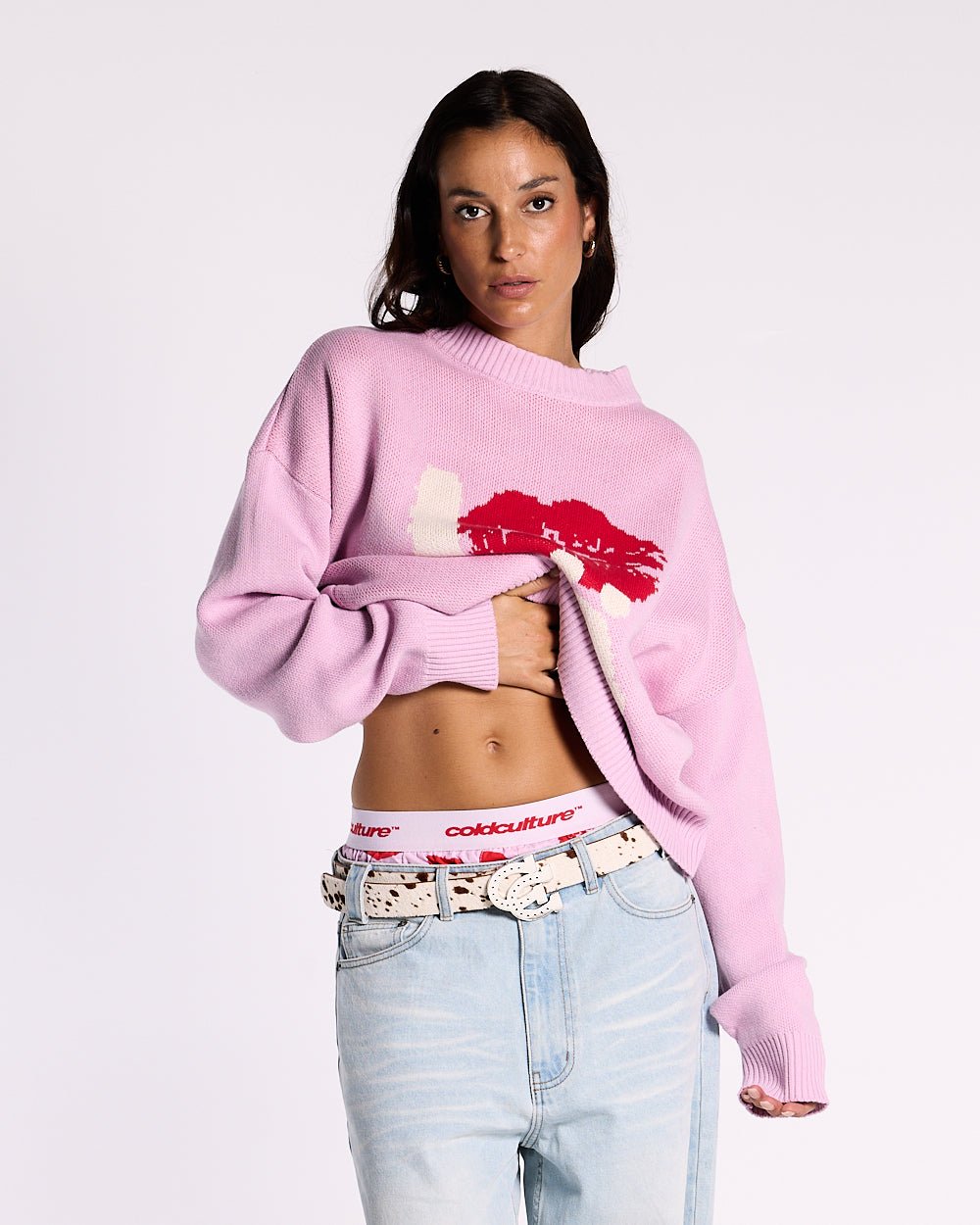 KISSES AND DOLLAR KNIT PINK - pink graphic print knit sweater, front view on female model - Cold Culture #woman