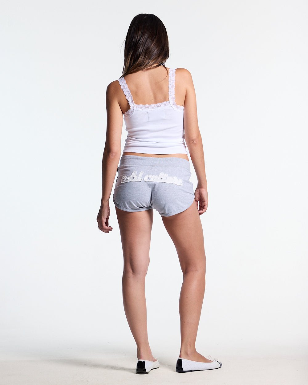 LACE TANK TOP WHITE - white lace trim tank top, back view on female model - Cold Culture #woman