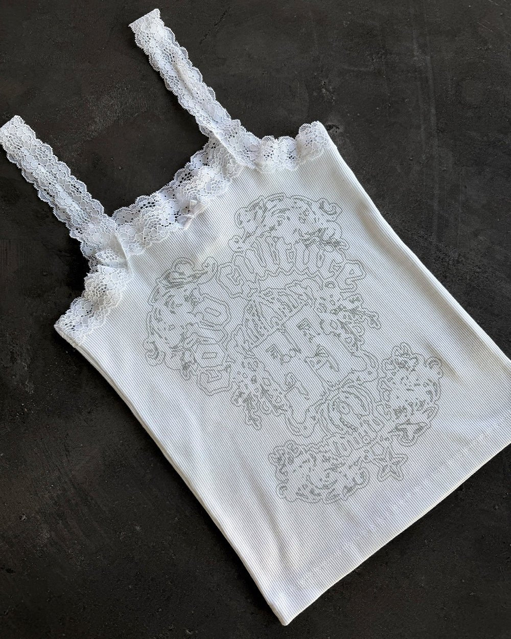 LACE TANK TOP WHITE - white lace trim tank top, flat lay - Cold Culture