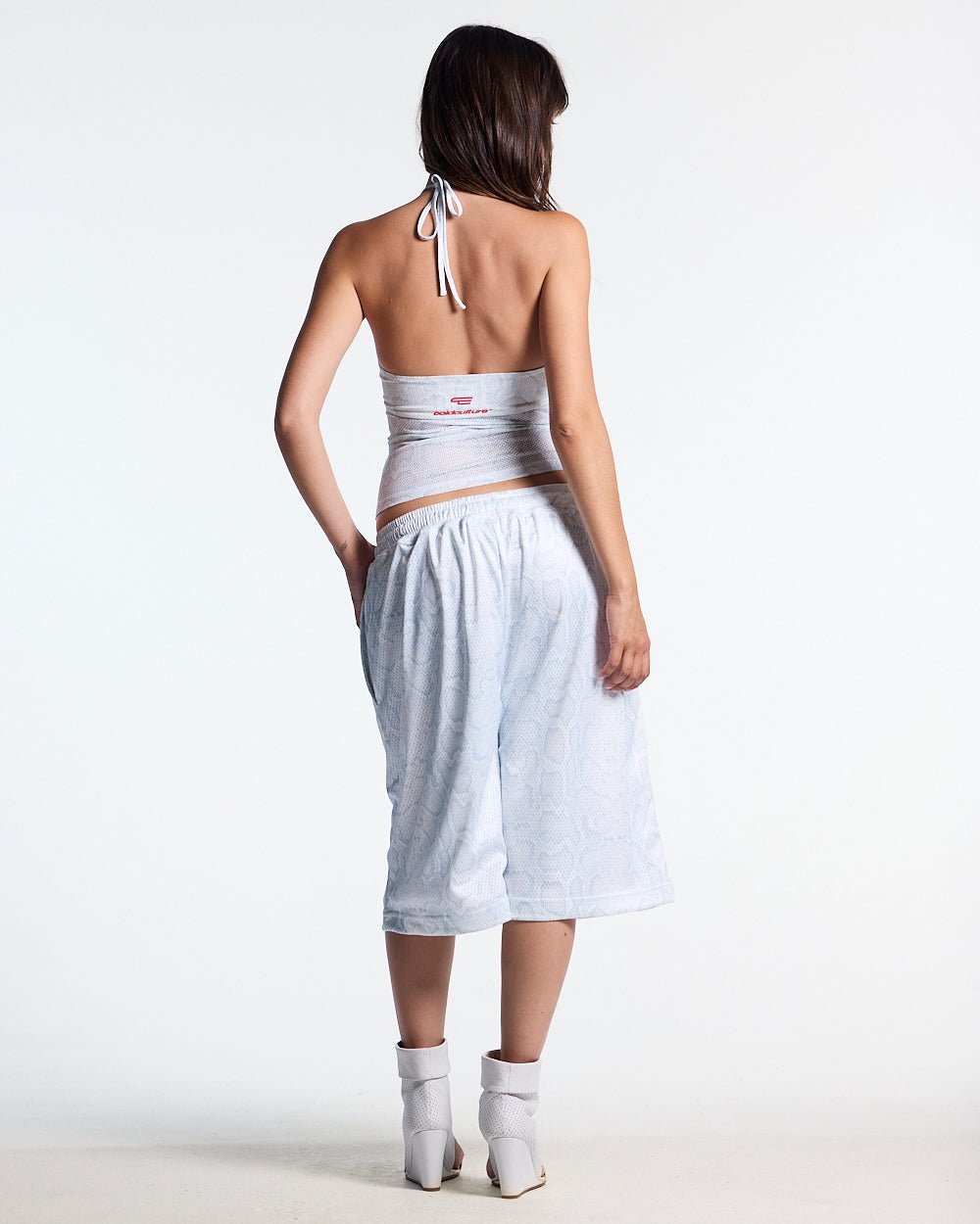 LADY C MESH TOP WHITE - white mesh halter top, back view on female model - Cold Culture #woman