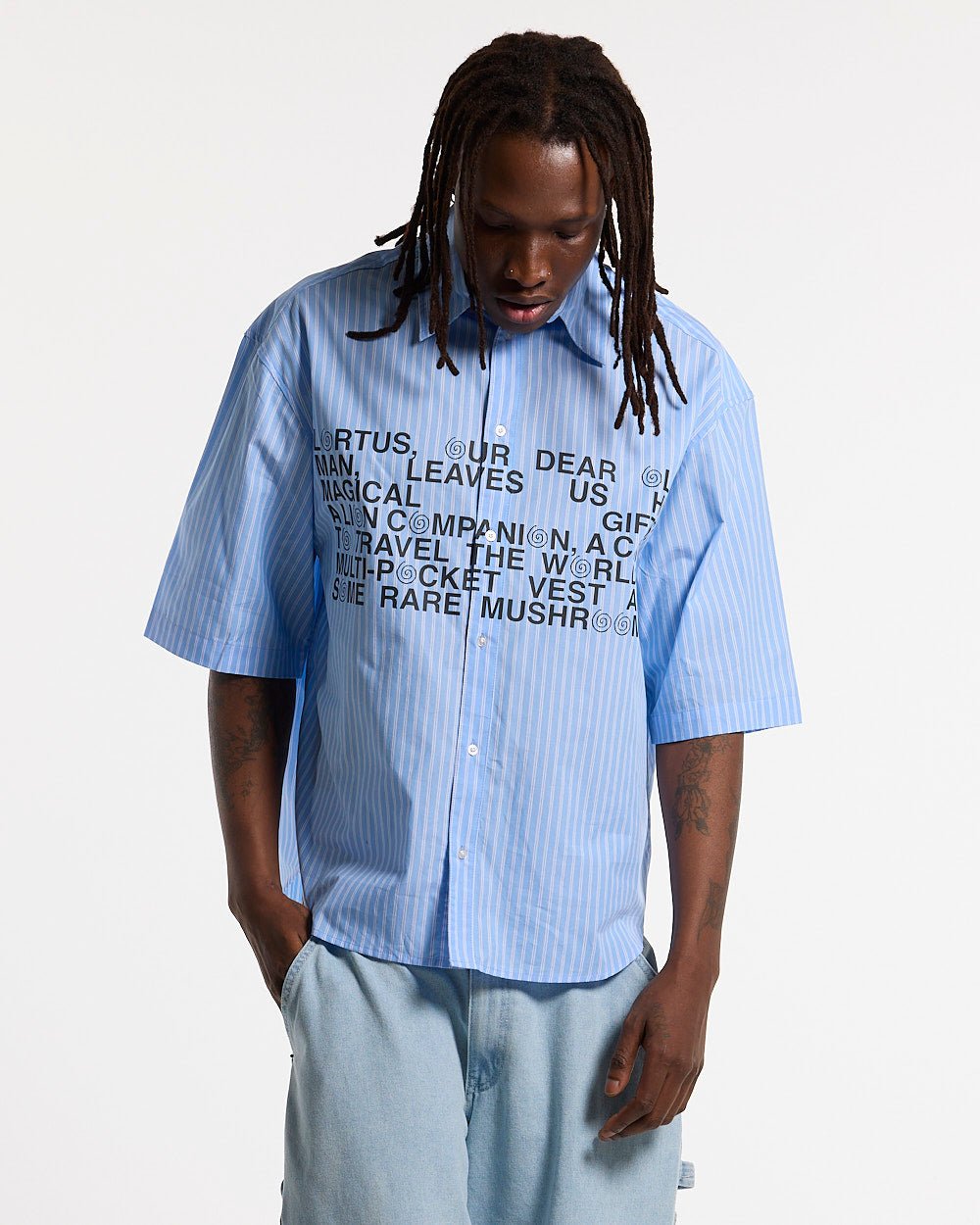 LEGACY SHIRT BLUE - blue striped short sleeve shirt, front view on male model - Cold Culture #man