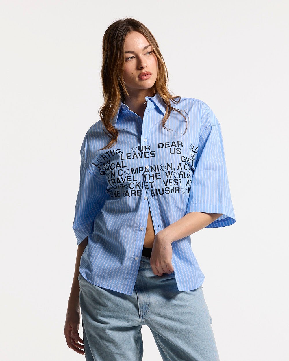LEGACY SHIRT BLUE - blue striped short sleeve shirt, front view on female model - Cold Culture #woman
