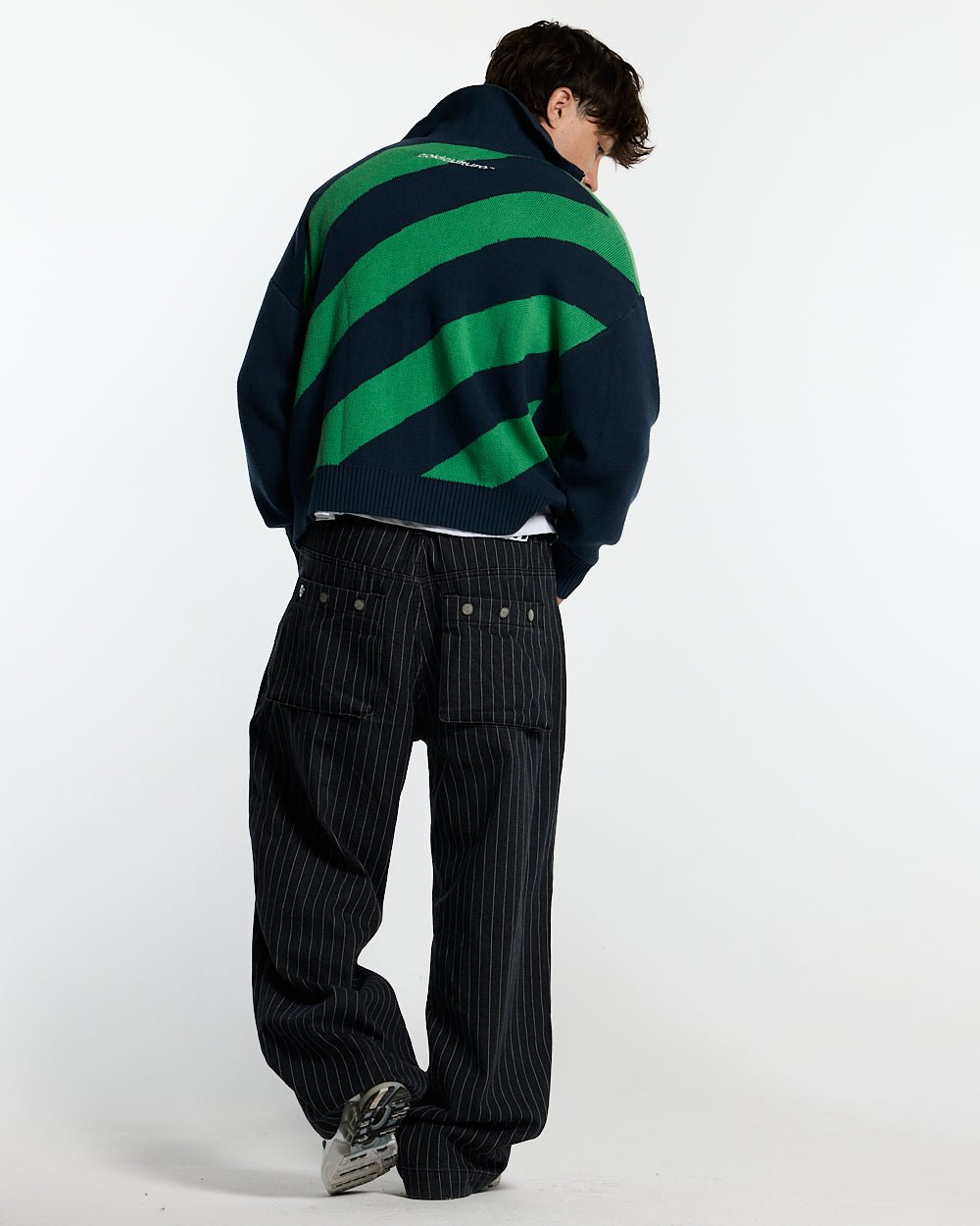 LINES FUSION KNIT GREEN & BLUE - green and navy striped knit sweater, back view on male model - Cold Culture #man