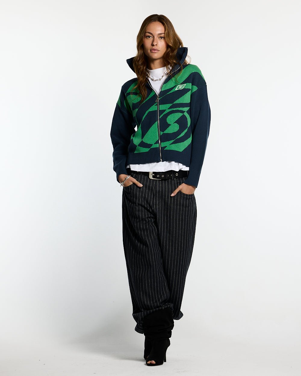 LINES FUSION KNIT GREEN & BLUE - green and navy striped knit sweater, front view on female model - Cold Culture #woman