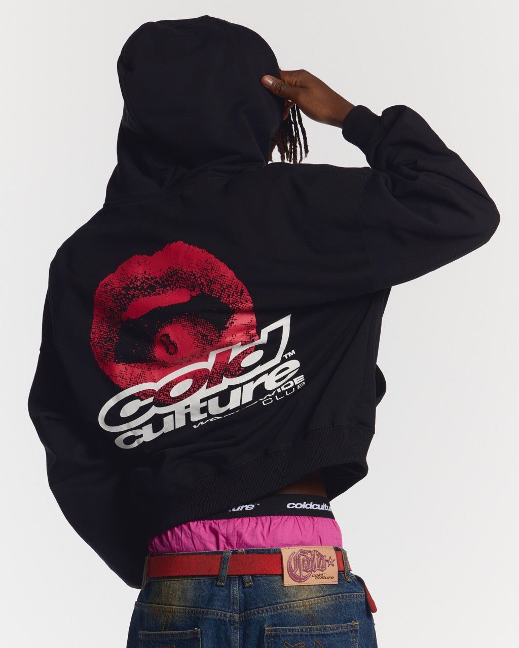 LIP COMBO HOODIE BLACK - black hoodie with lips graphic, back view on male model - Cold Culture