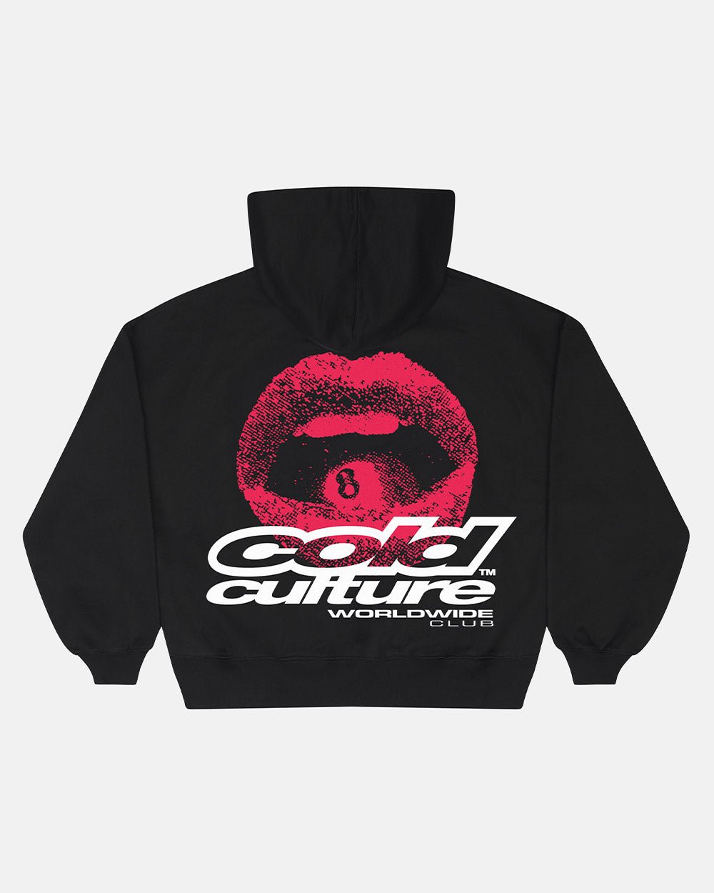 LIP COMBO HOODIE BLACK - black hoodie with lips graphic, back view - Cold Culture #packshot