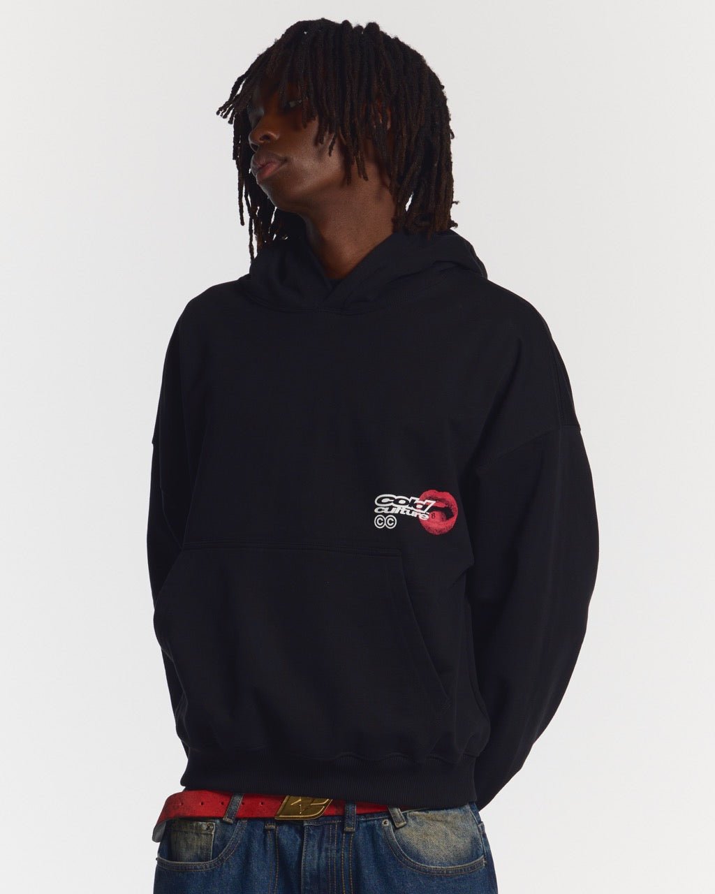 LIP COMBO HOODIE BLACK - black hoodie with lips graphic, front view on male model - Cold Culture #man