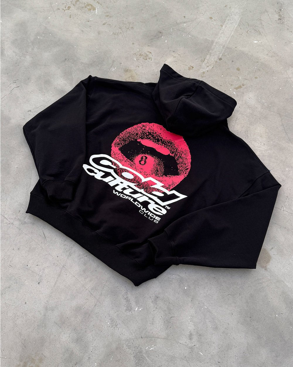 LIP COMBO HOODIE BLACK - black hoodie with lips graphic, flat lay - Cold Culture