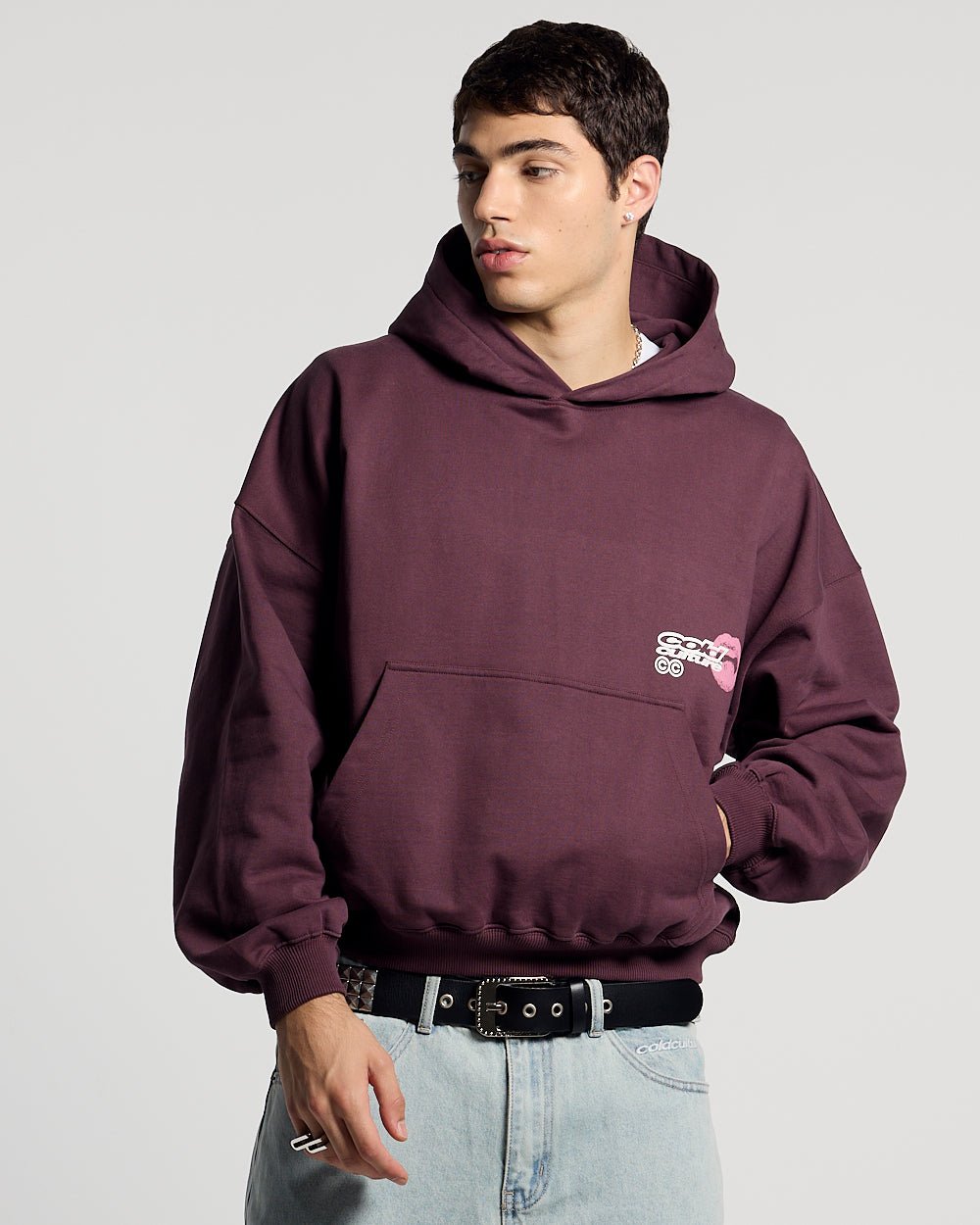 LIP COMBO HOODIE DARK BURGUNDY - dark burgundy graphic print hoodie, front view on male model - Cold Culture #man