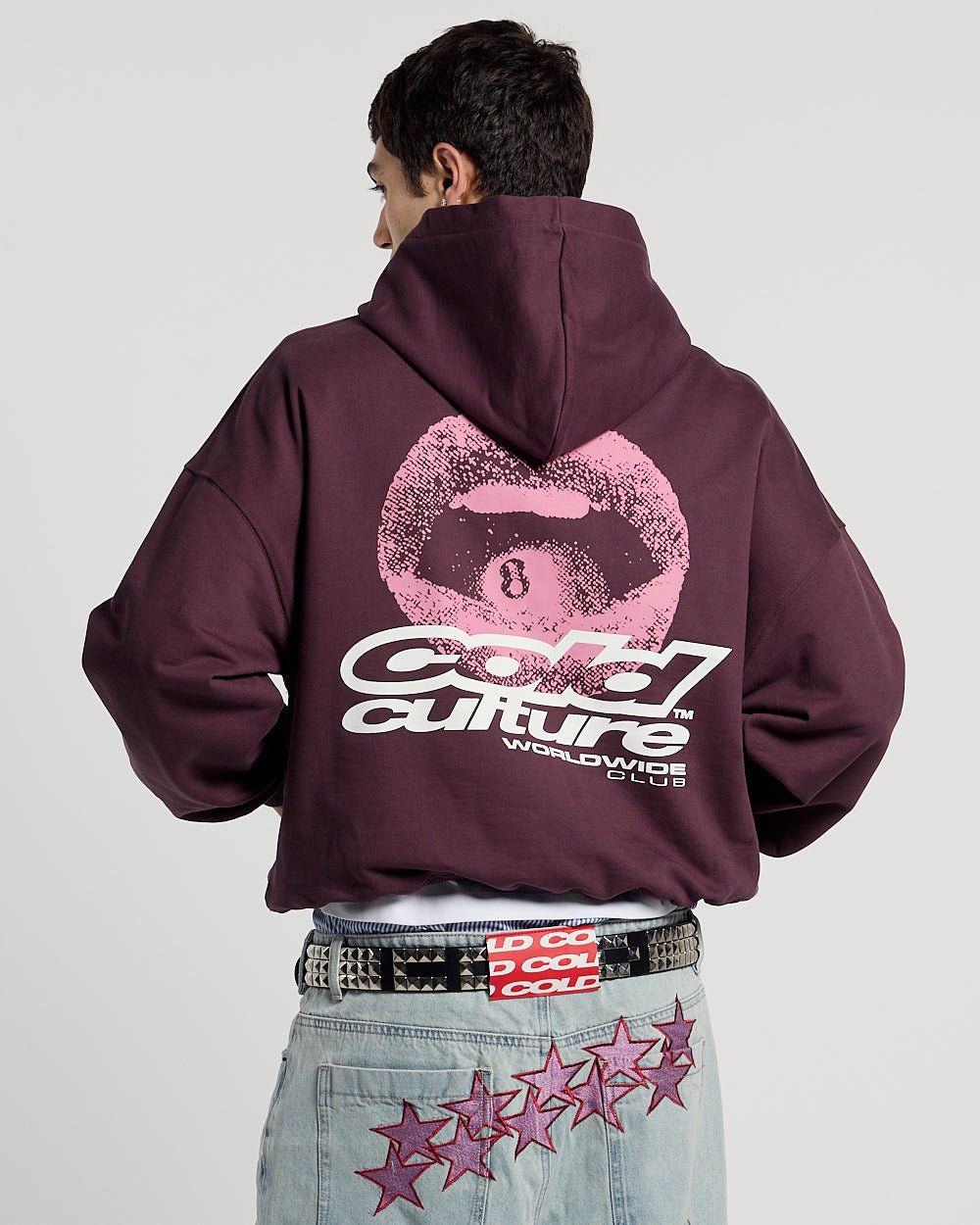 LIP COMBO HOODIE DARK BURGUNDY - dark burgundy graphic print hoodie, back view on male model - Cold Culture