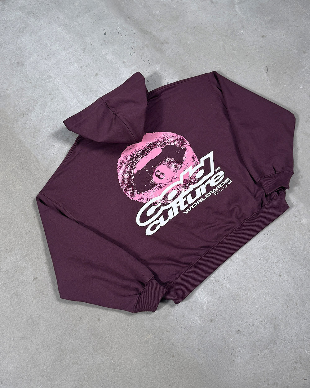 LIP COMBO HOODIE DARK BURGUNDY - dark burgundy graphic print hoodie, flat lay - Cold Culture