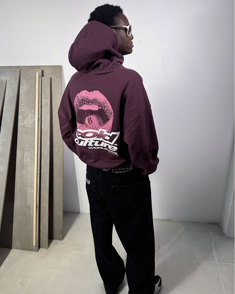LIP COMBO HOODIE DARK BURGUNDY - dark burgundy graphic print hoodie, back view on male model - Cold Culture