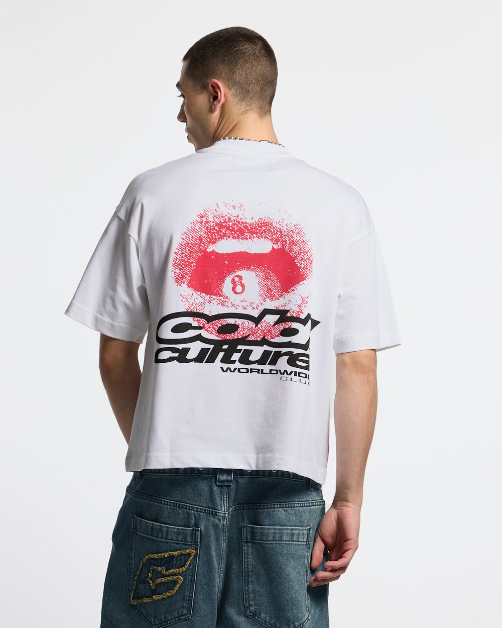 LIP COMBO TEE WHITE - white graphic print tee, back view on male model - Cold Culture #man
