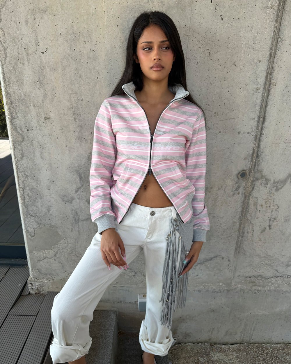 LISA ZIP HOODIE PINK - pink striped zip-up hoodie, street style shot - Cold Culture #woman