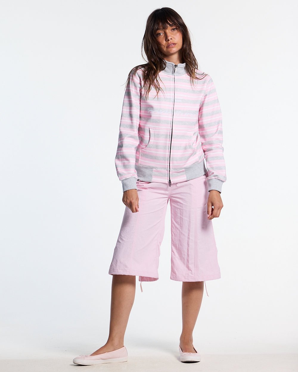 LISA ZIP HOODIE PINK - pink striped zip-up hoodie, front view on female model - Cold Culture #woman