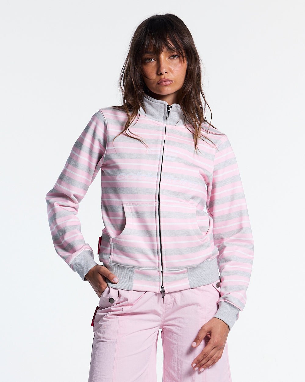 LISA ZIP HOODIE PINK - pink striped zip-up hoodie, front view on female model - Cold Culture #woman