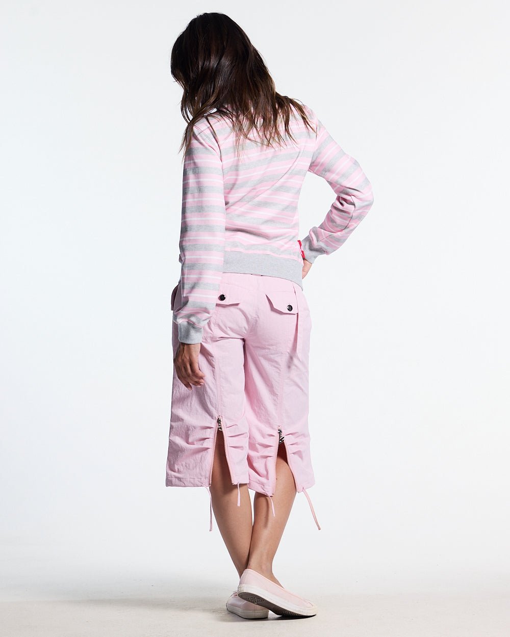 LISA ZIP HOODIE PINK - pink striped zip-up hoodie, back view on female model - Cold Culture #woman