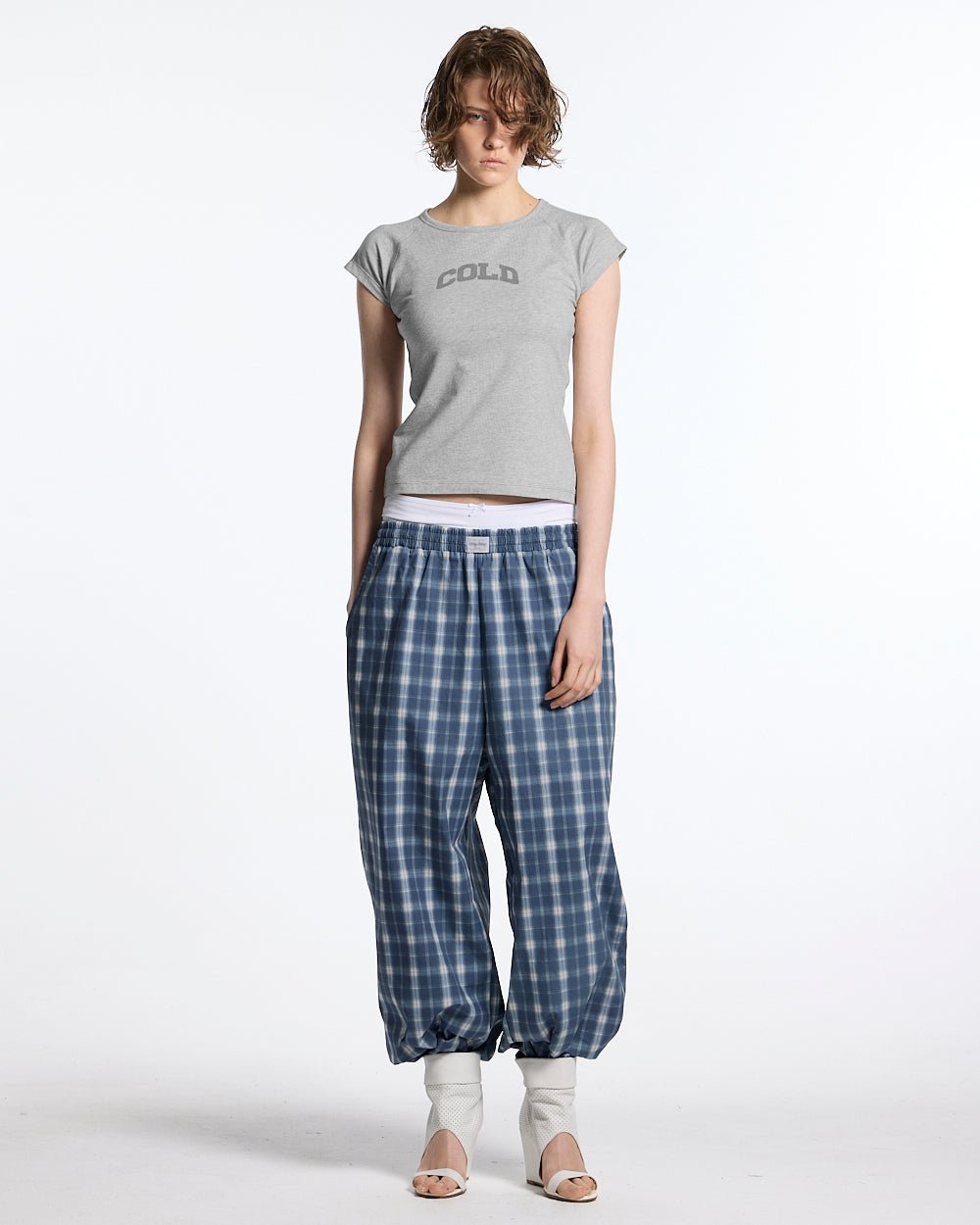 LITTLE BABY TEE HEATHER GREY - heather grey graphic baby tee, front view on female model - Cold Culture #woman