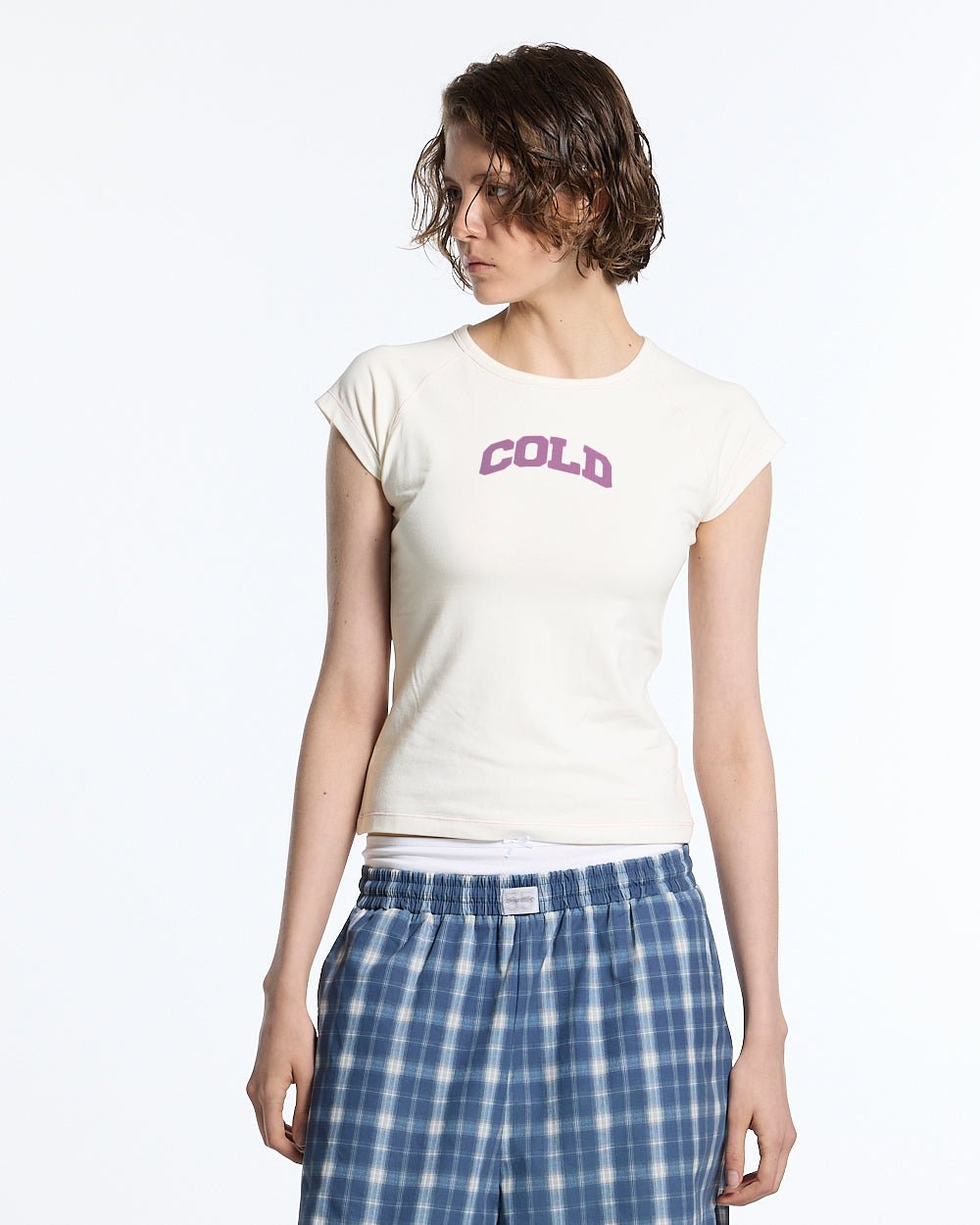LITTLE BABY TEE WHITE - off-white graphic baby tee, front view on female model - Cold Culture #woman