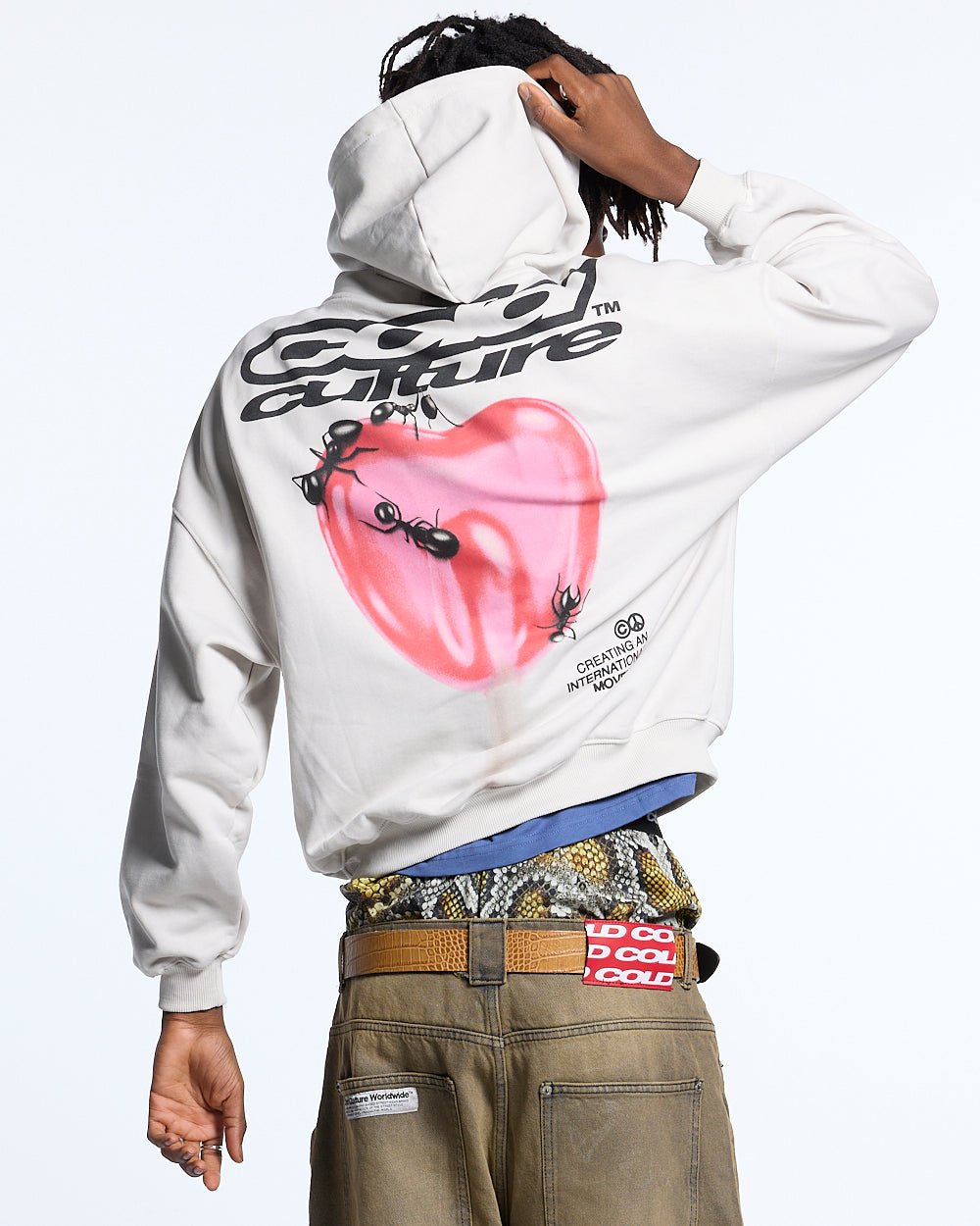 LOLLIPOP HOODIE LIGHT GREY - light grey graphic print hoodie, back view on male model - Cold Culture