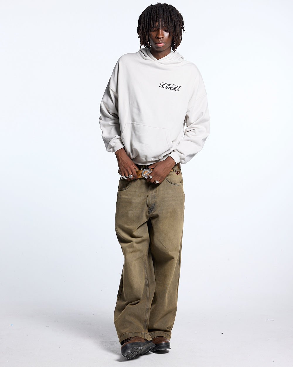 LOLLIPOP HOODIE LIGHT GREY - light grey graphic print hoodie, front view on male model - Cold Culture #man